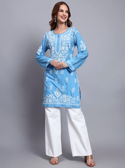 Women Hand Embroidered Chikankari Modal Kurti -AL3702 Blue