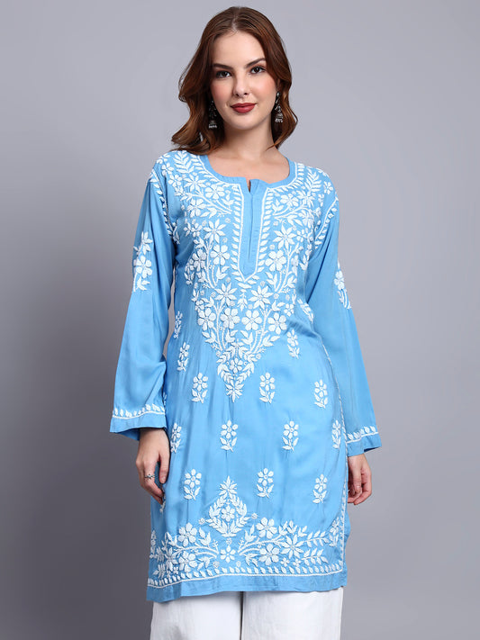 Women Hand Embroidered Chikankari Modal Kurti -AL3702 Blue