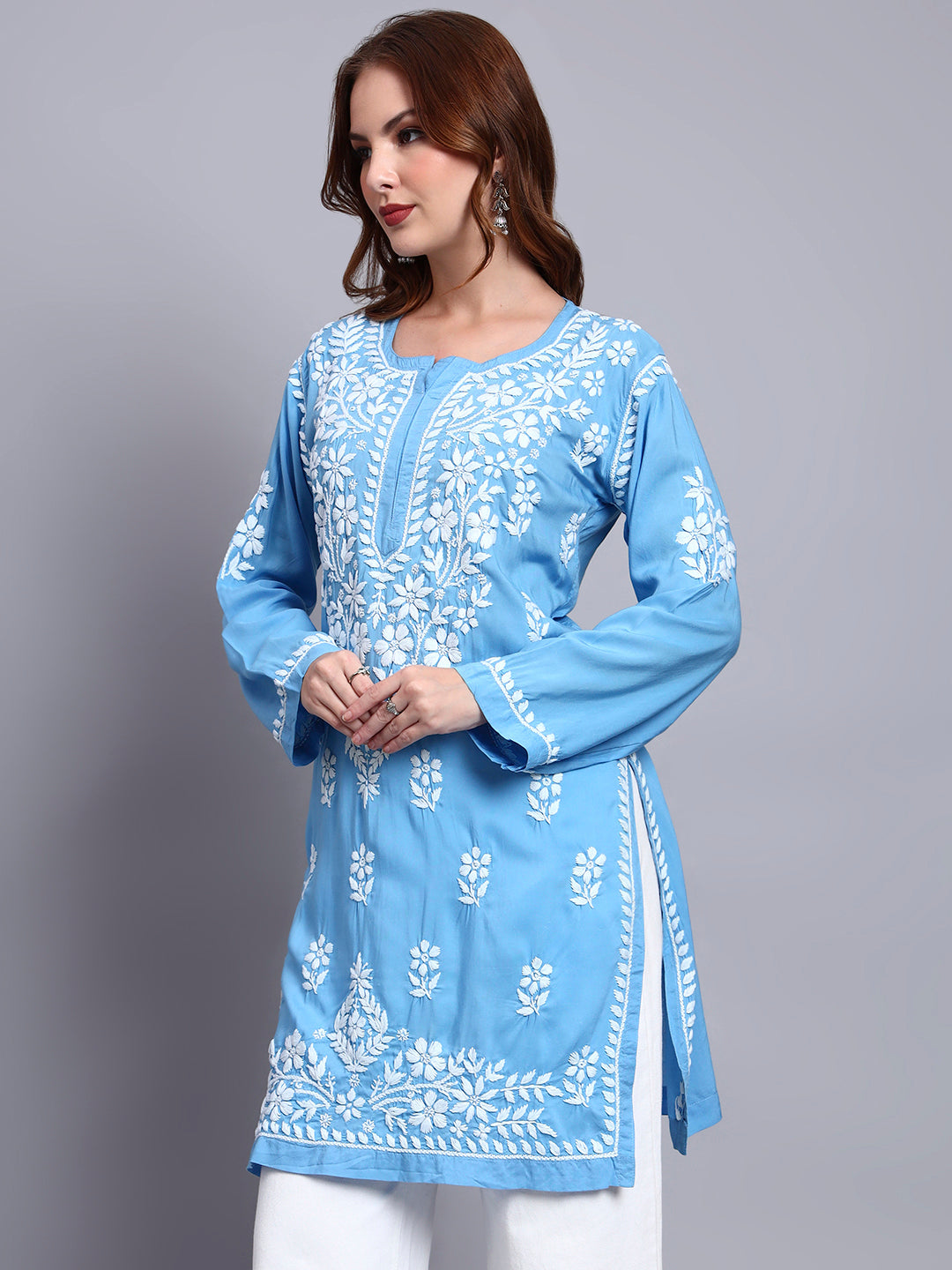 Women Hand Embroidered Chikankari Modal Kurti -AL3702 Blue