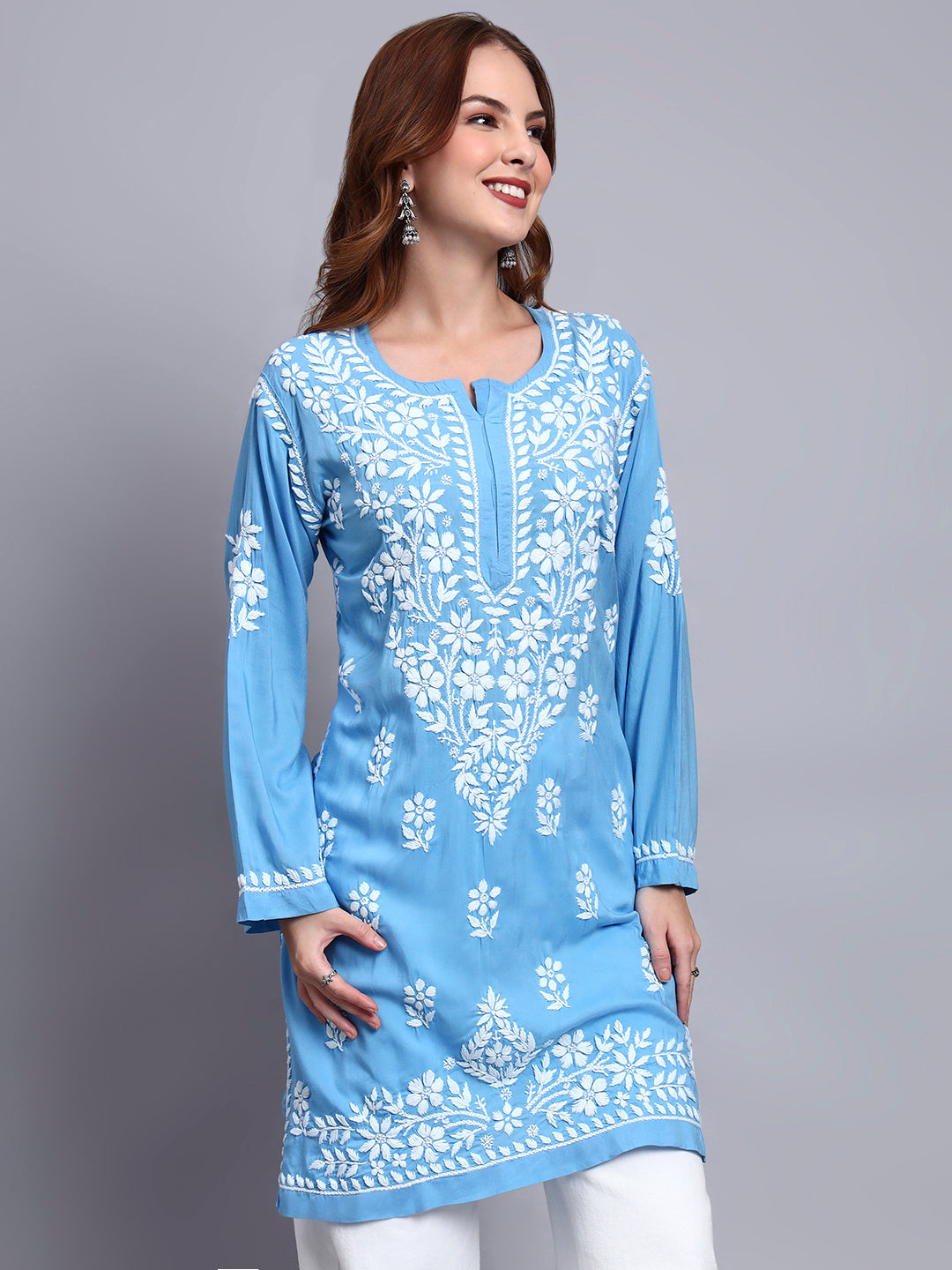Women Hand Embroidered Chikankari Modal Kurti -AL3702 Blue