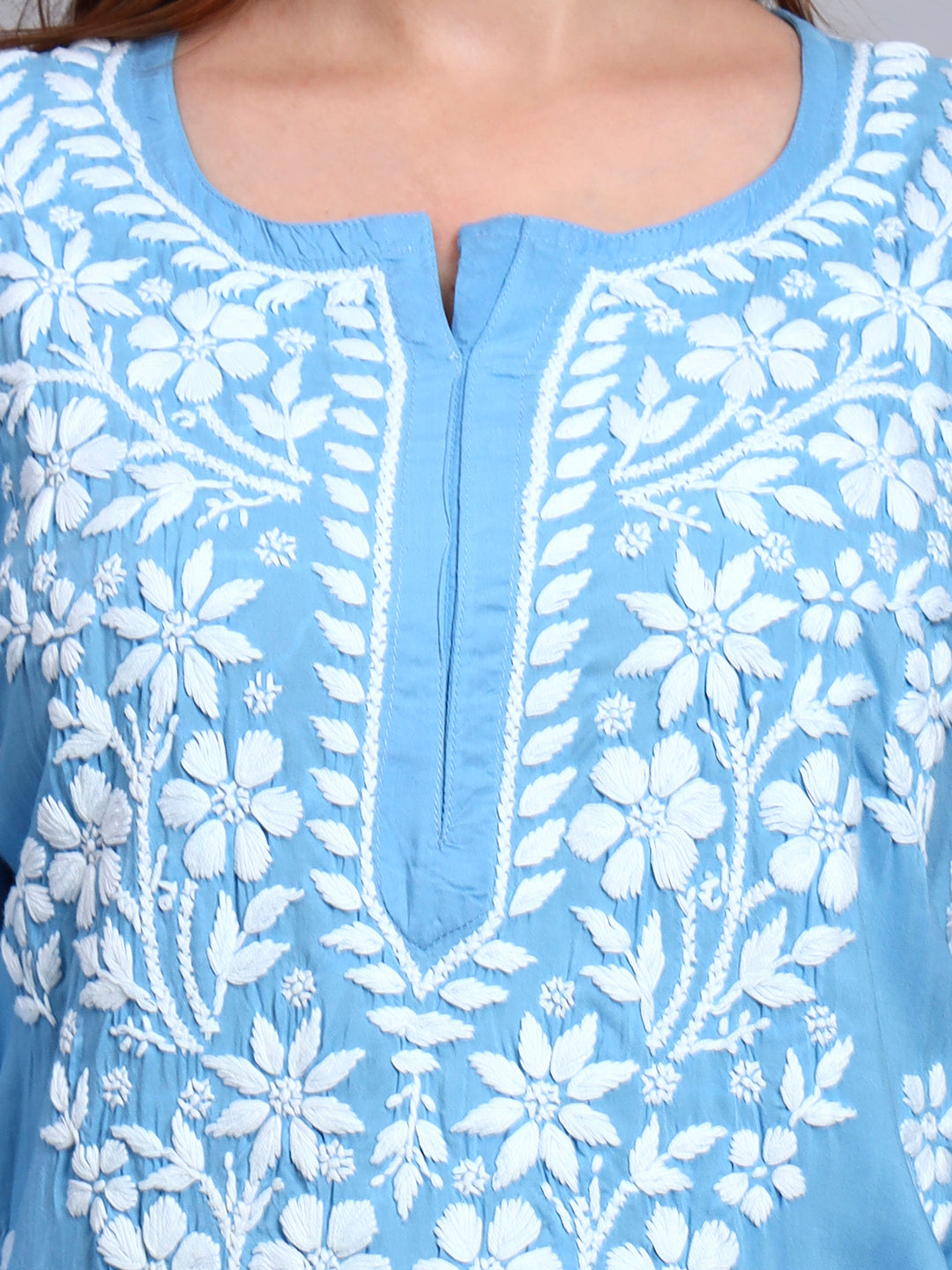 Women Hand Embroidered Chikankari Modal Kurti -AL3702 Blue