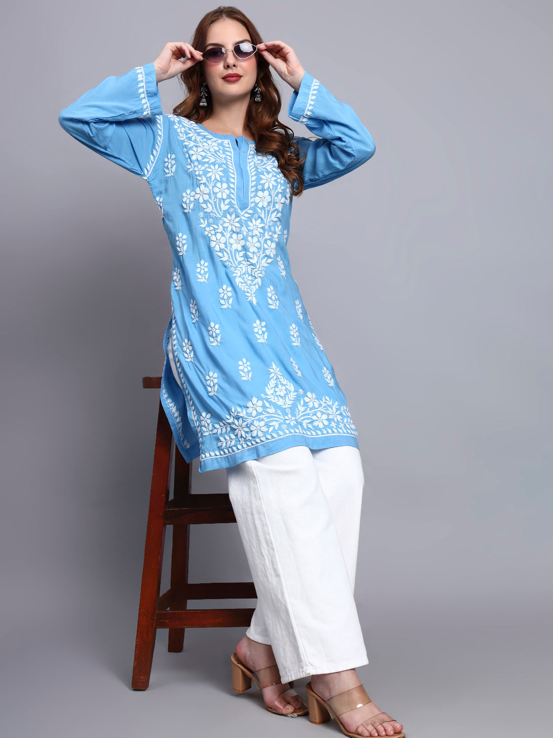 Women Hand Embroidered Chikankari Modal Kurti -AL3702 Blue