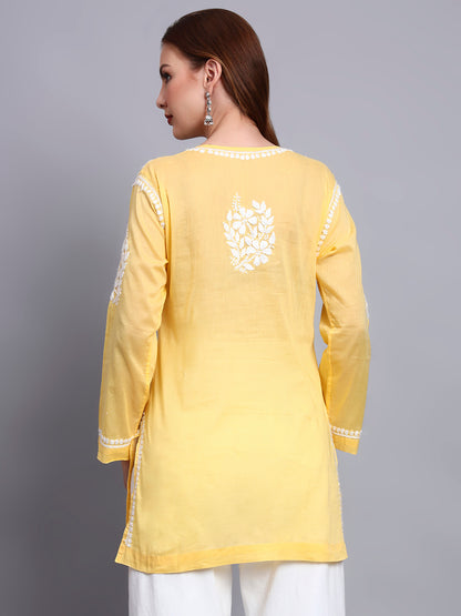 Women Hand Embroidered Chikankari Mulmul Short Top -AL3724 Yellow