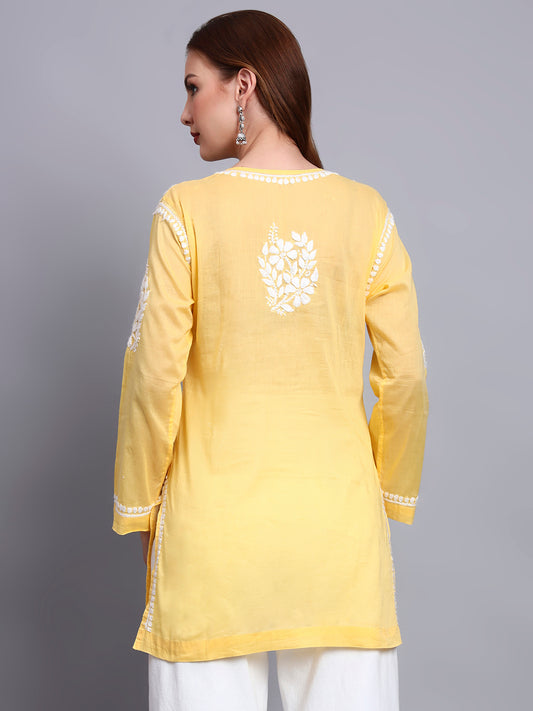 Women Hand Embroidered Chikankari Mulmul Short Top -AL3724 Yellow