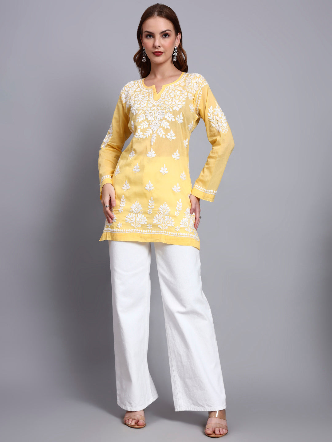 Women Hand Embroidered Chikankari Mulmul Short Top -AL3724 Yellow