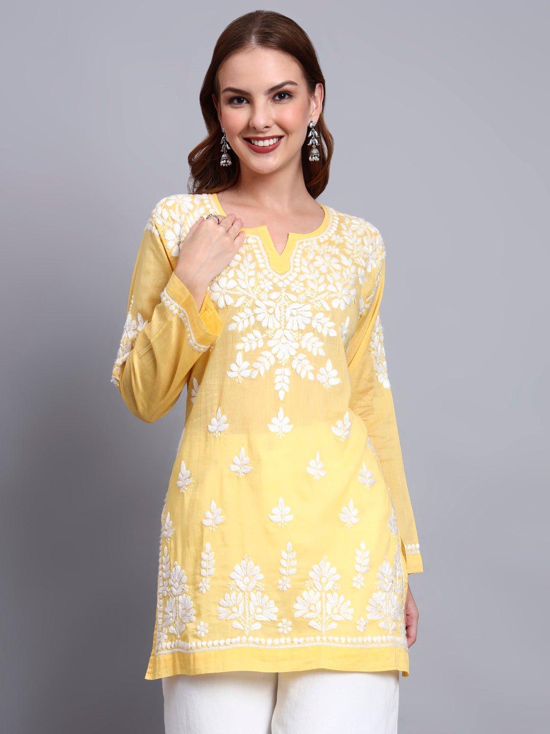 Women Hand Embroidered Chikankari Mulmul Short Top -AL3724 Yellow