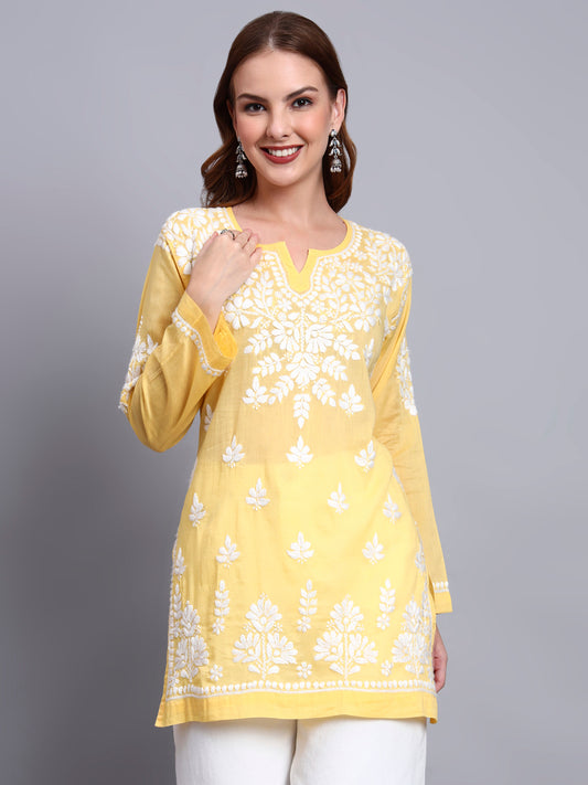Women Hand Embroidered Chikankari Mulmul Short Top -AL3724 Yellow