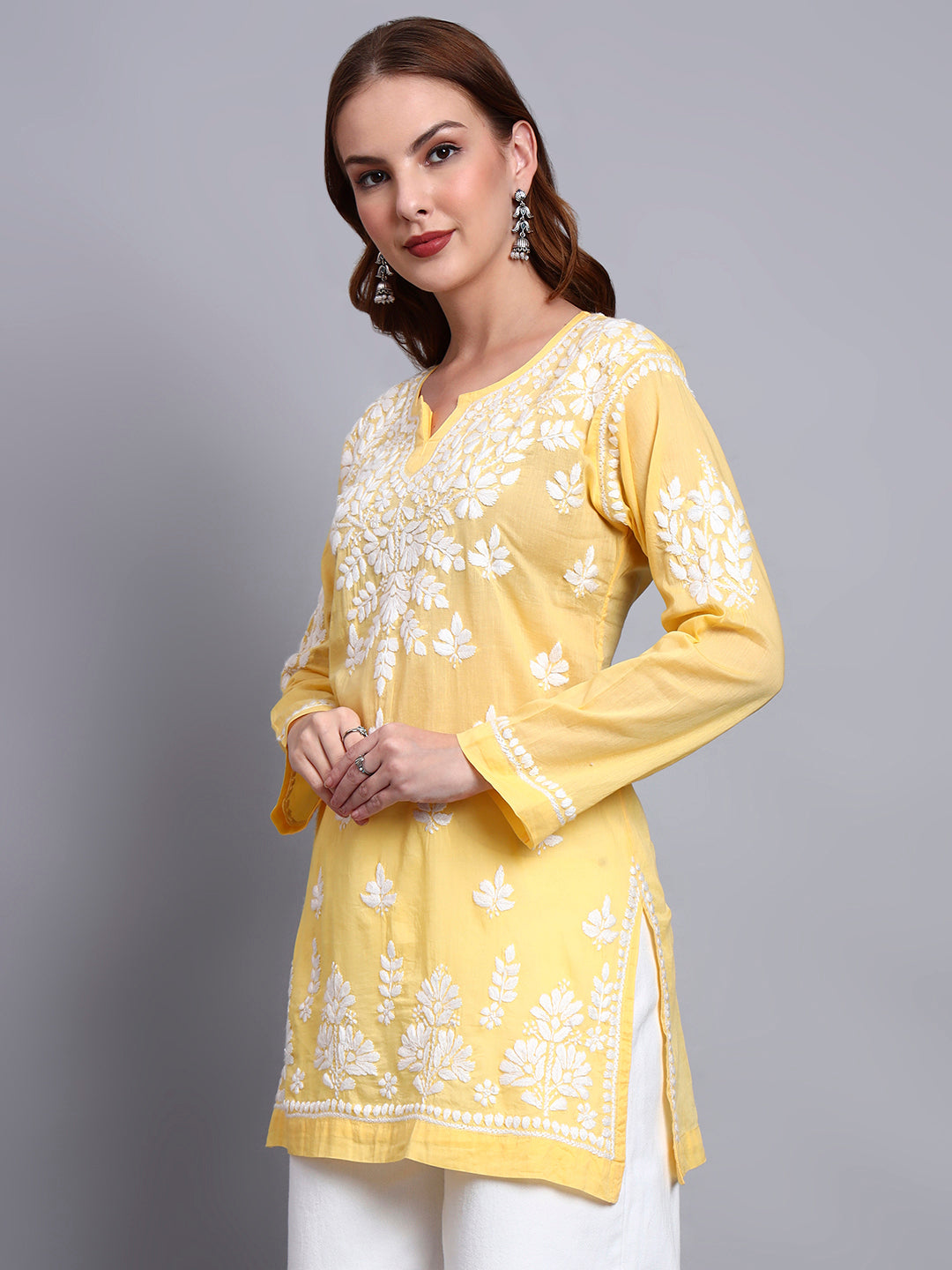 Women Hand Embroidered Chikankari Mulmul Short Top -AL3724 Yellow