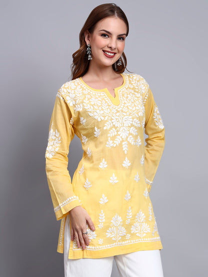 Women Hand Embroidered Chikankari Mulmul Short Top -AL3724 Yellow