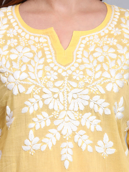 Women Hand Embroidered Chikankari Mulmul Short Top -AL3724 Yellow