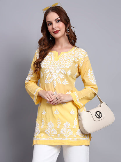 Women Hand Embroidered Chikankari Mulmul Short Top -AL3724 Yellow