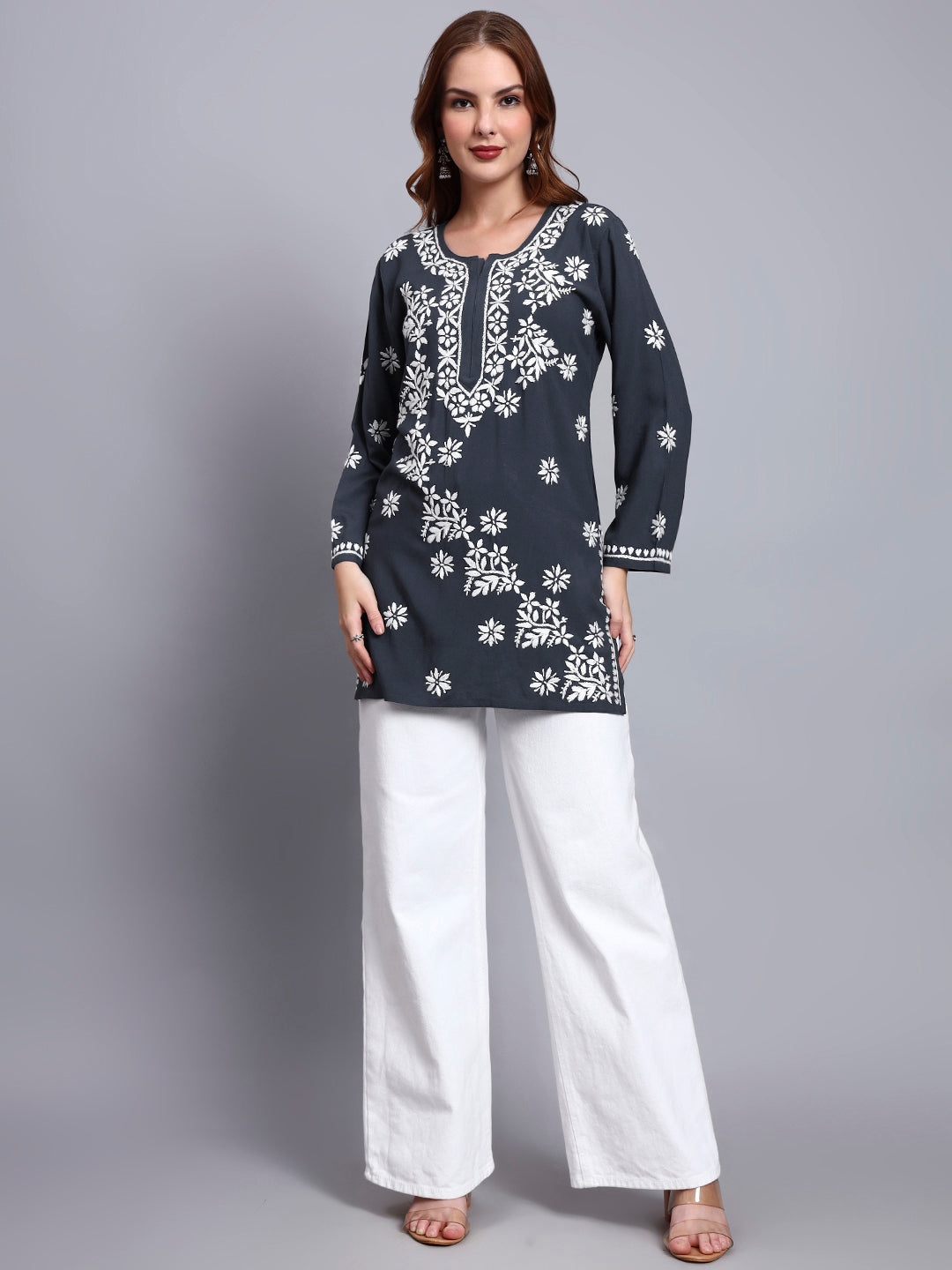 Women Hand Embroidered Chikankari Rayon Short Kurti-AL4071 Grey
