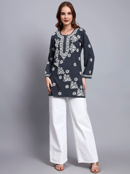 Women Hand Embroidered Chikankari Rayon Short Kurti-AL4071 Grey