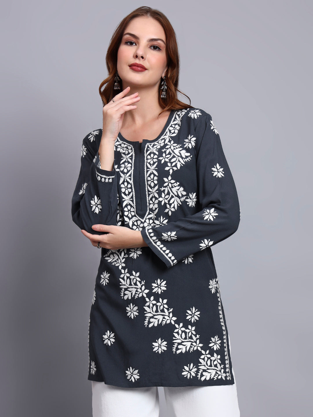 Women Hand Embroidered Chikankari Rayon Short Kurti-AL4071 Grey