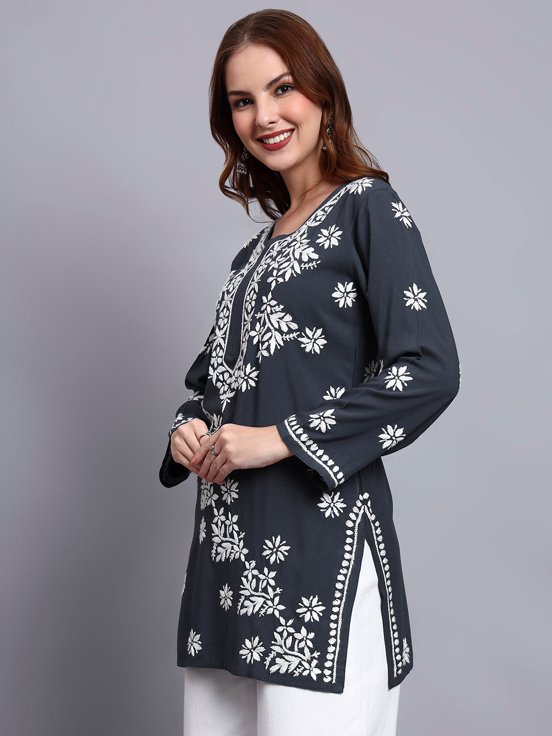 Women Hand Embroidered Chikankari Rayon Short Kurti-AL4071 Grey