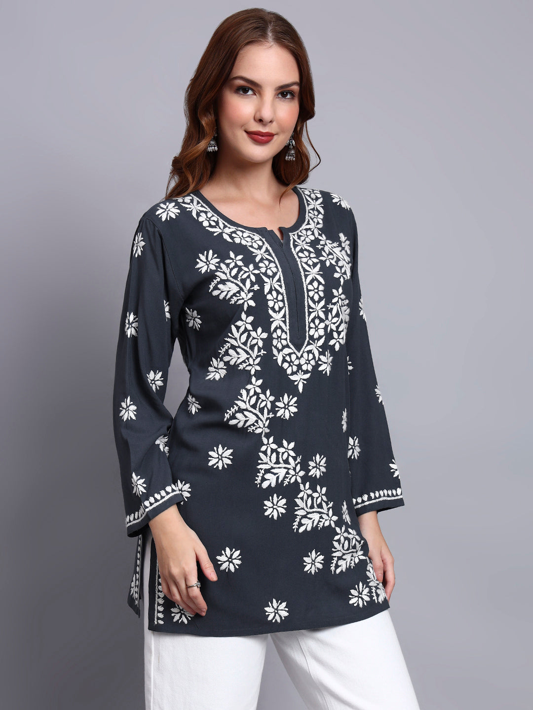 Women Hand Embroidered Chikankari Rayon Short Kurti-AL4071 Grey