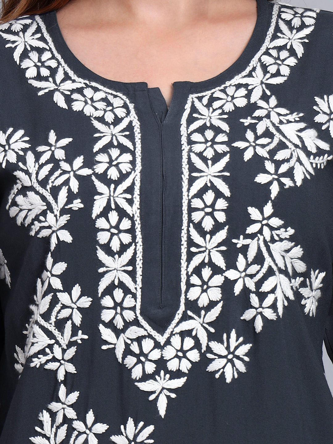 Women Hand Embroidered Chikankari Rayon Short Kurti-AL4071 Grey