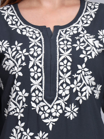 Women Hand Embroidered Chikankari Rayon Short Kurti-AL4071 Grey