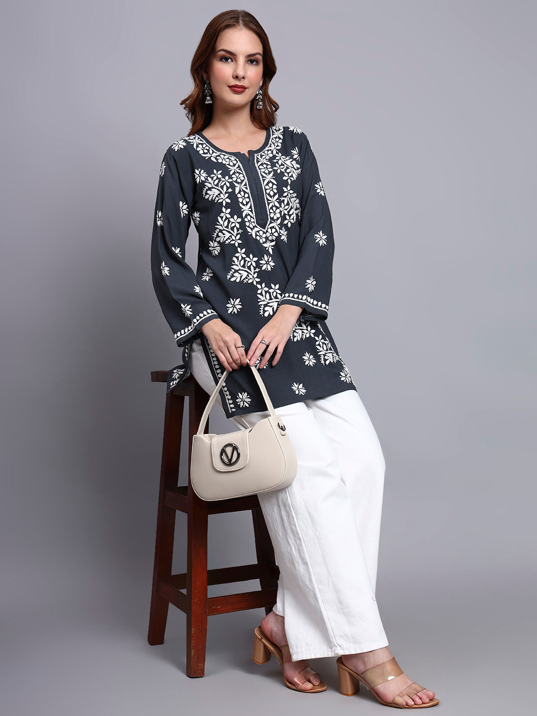 Women Hand Embroidered Chikankari Rayon Short Kurti-AL4071 Grey