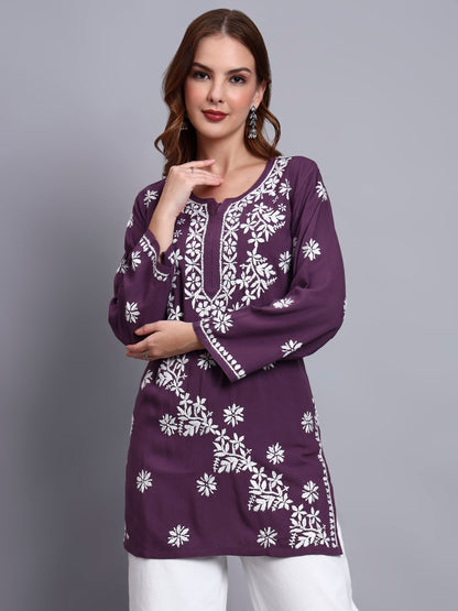Women Hand Embroidered Chikankari Rayon Short Kurti-AL4071 Violet