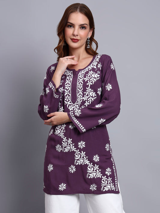 Women Hand Embroidered Chikankari Rayon Short Kurti-AL4071 Violet