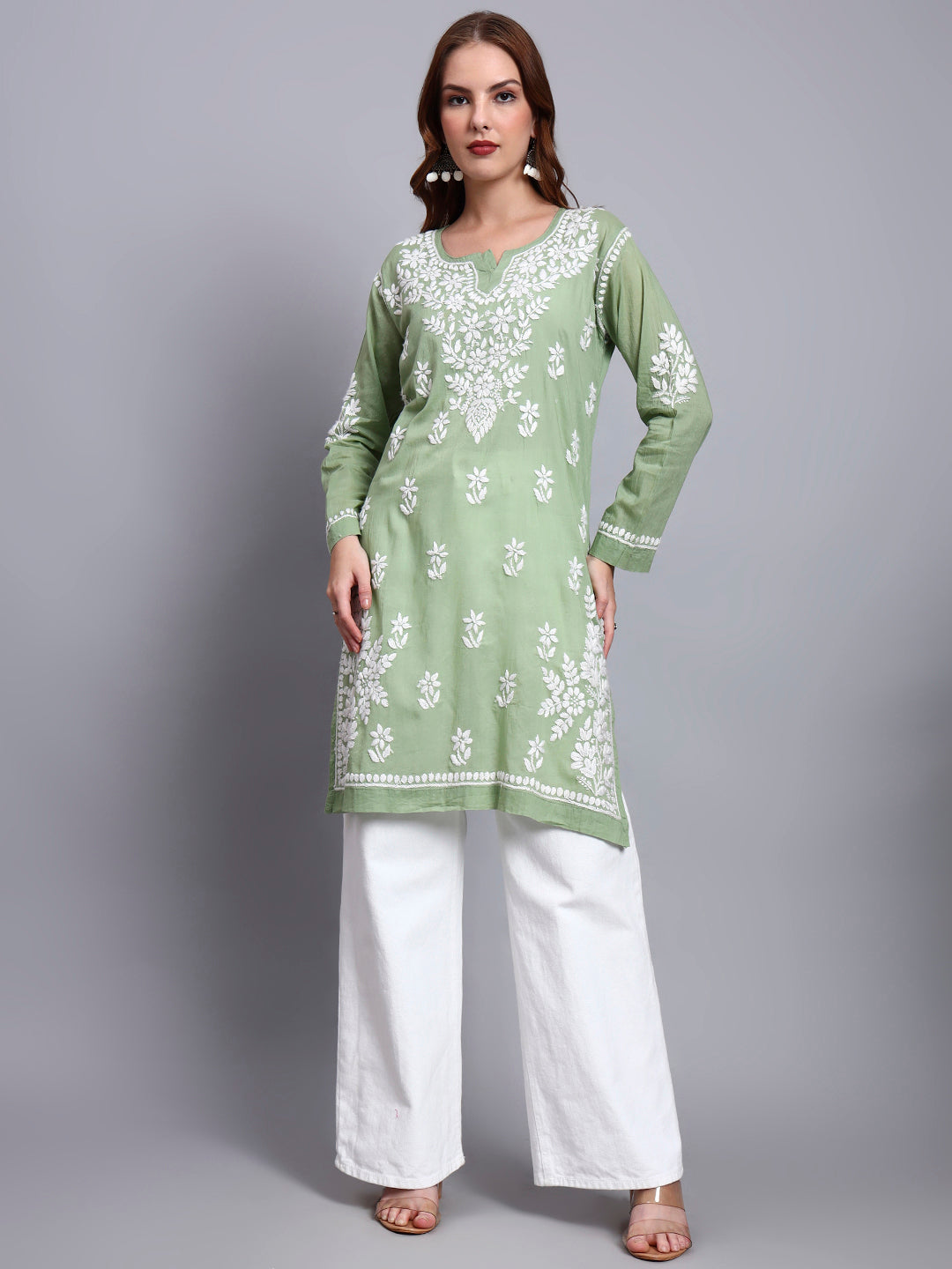 Women Hand Embroidered Chikankari Cotton Kurti -AL3685 Green