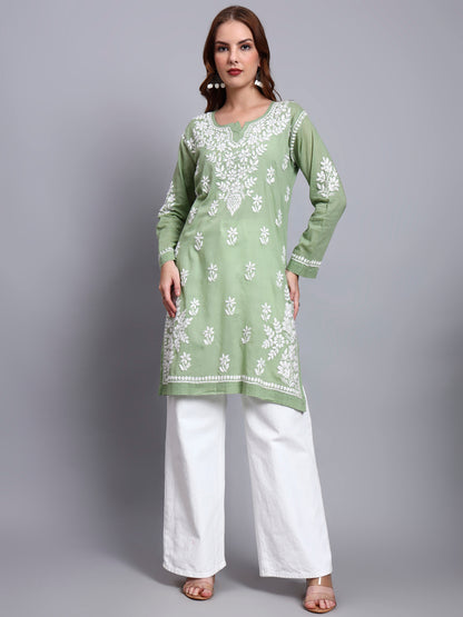 Women Hand Embroidered Chikankari Cotton Kurti -AL3685 Green