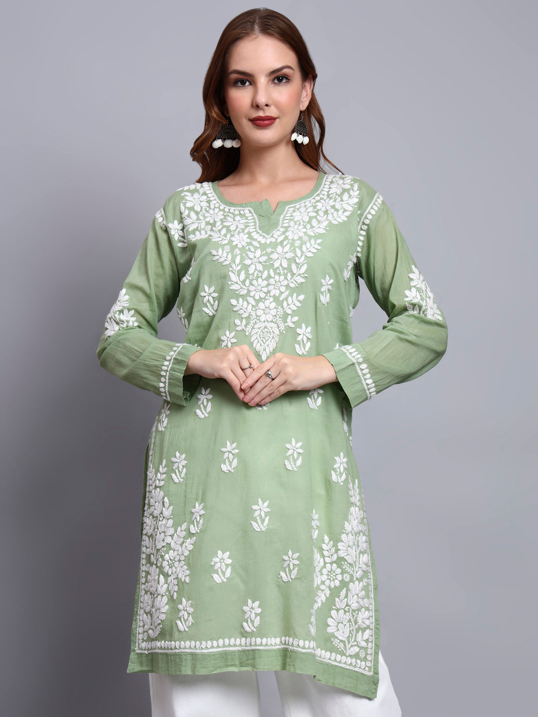 Women Hand Embroidered Chikankari Cotton Kurti -AL3685 Green