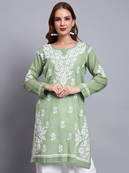 Women Hand Embroidered Chikankari Cotton Kurti -AL3685 Green