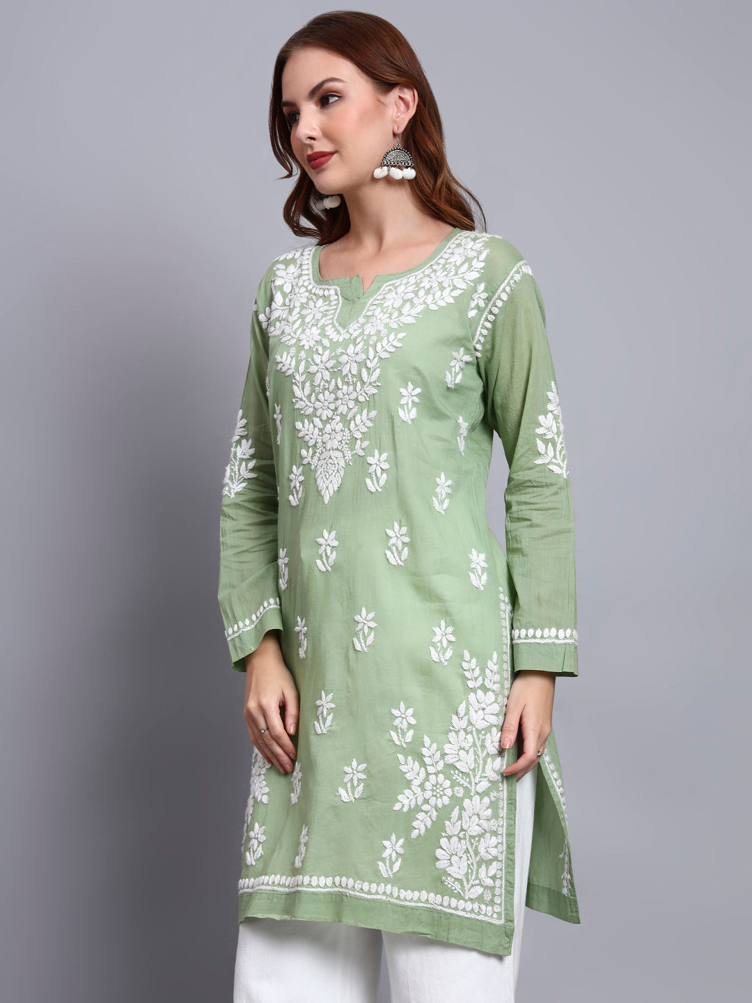 Women Hand Embroidered Chikankari Cotton Kurti -AL3685 Green