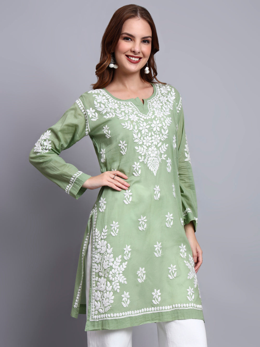 Women Hand Embroidered Chikankari Cotton Kurti -AL3685 Green