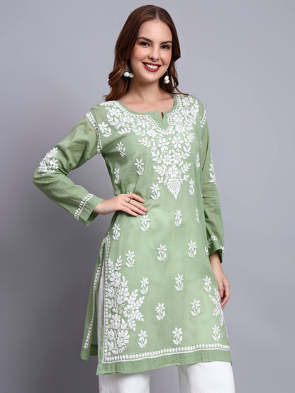 Women Hand Embroidered Chikankari Cotton Kurti -AL3685 Green