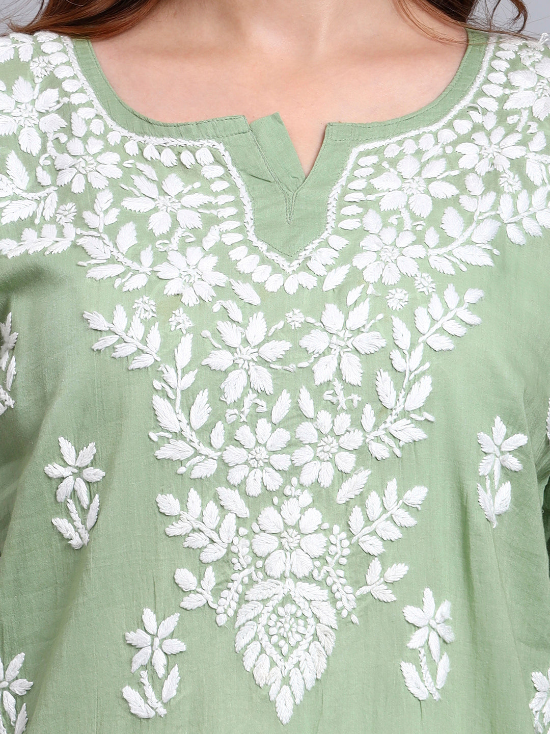 Women Hand Embroidered Chikankari Cotton Kurti -AL3685 Green