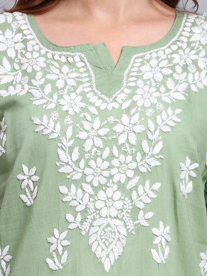 Women Hand Embroidered Chikankari Cotton Kurti -AL3685 Green
