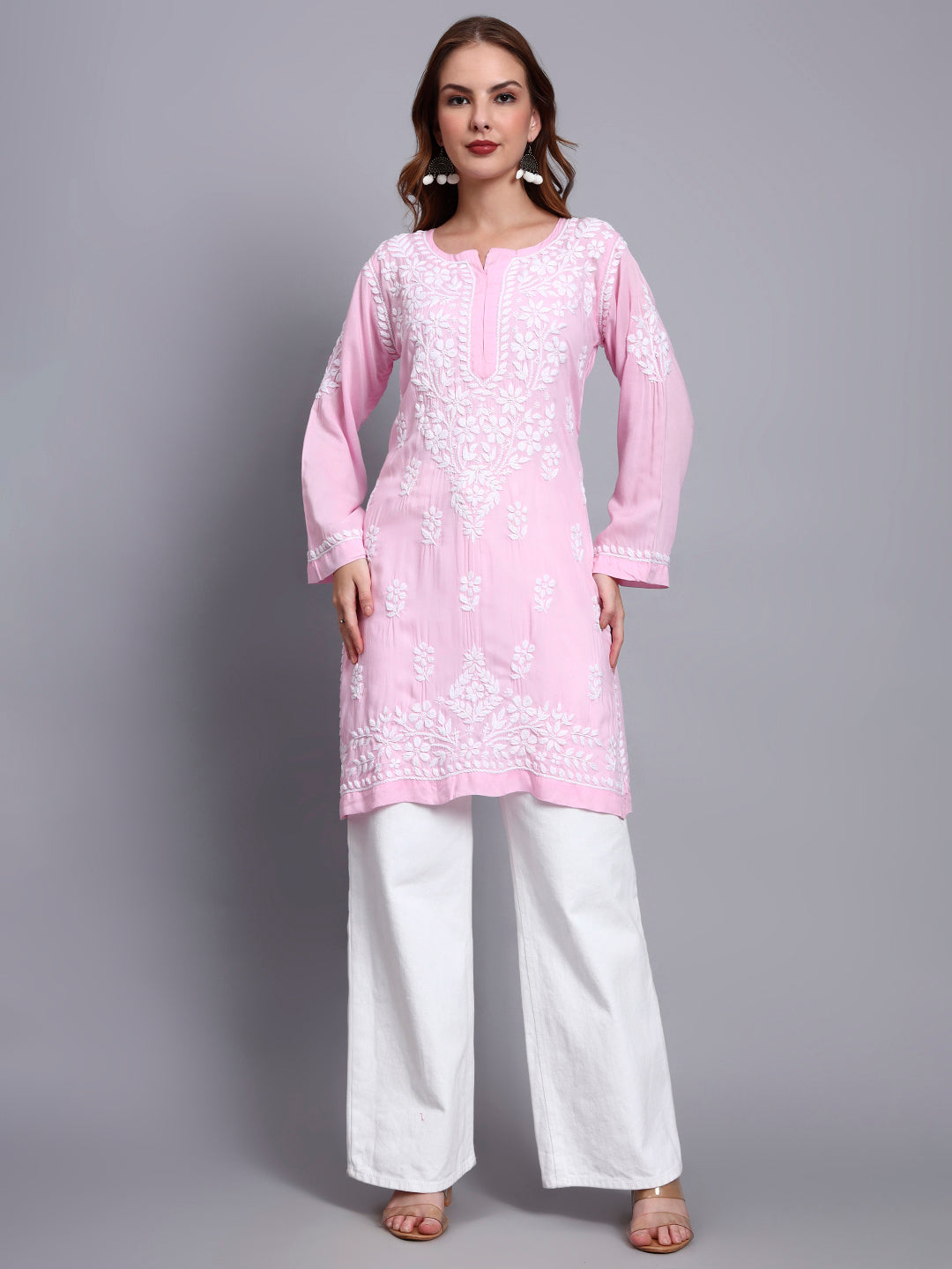 Women Hand Embroidered Chikankari Modal Kurti -AL3702 Pink