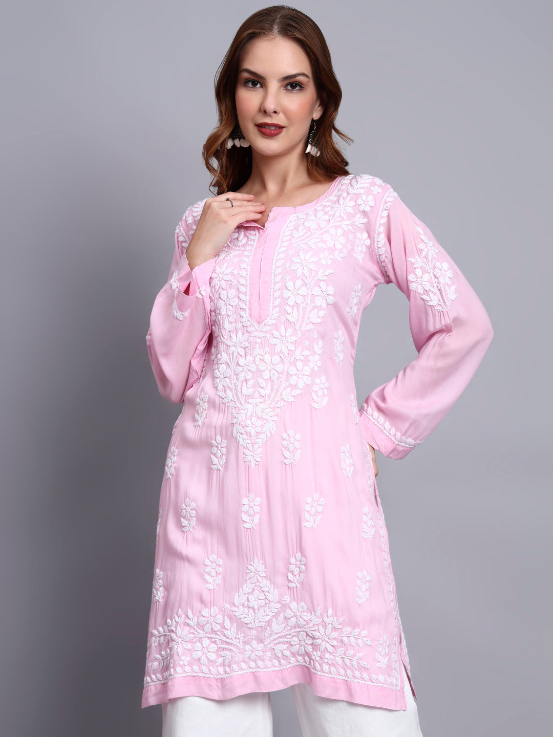 Women Hand Embroidered Chikankari Modal Kurti -AL3702 Pink