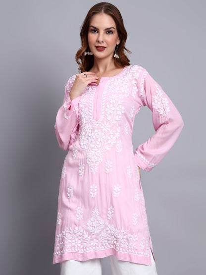 Women Hand Embroidered Chikankari Modal Kurti -AL3702 Pink