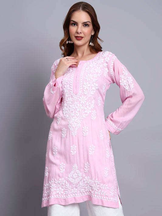 Women Hand Embroidered Chikankari Modal Kurti -AL3702 Pink