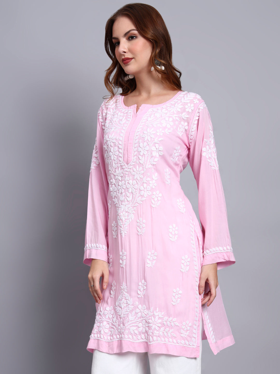 Women Hand Embroidered Chikankari Modal Kurti -AL3702 Pink