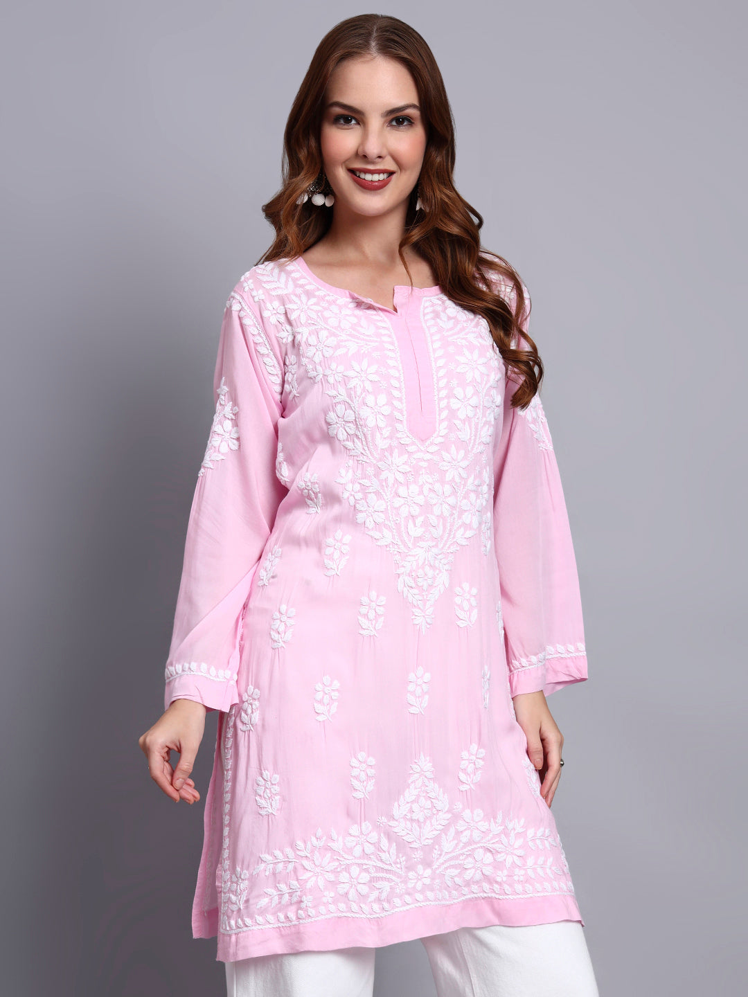 Women Hand Embroidered Chikankari Modal Kurti -AL3702 Pink