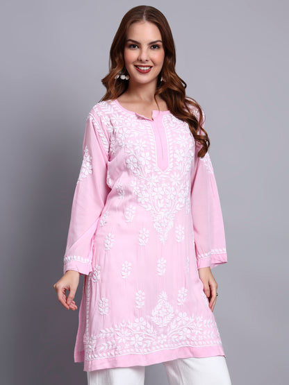 Women Hand Embroidered Chikankari Modal Kurti -AL3702 Pink