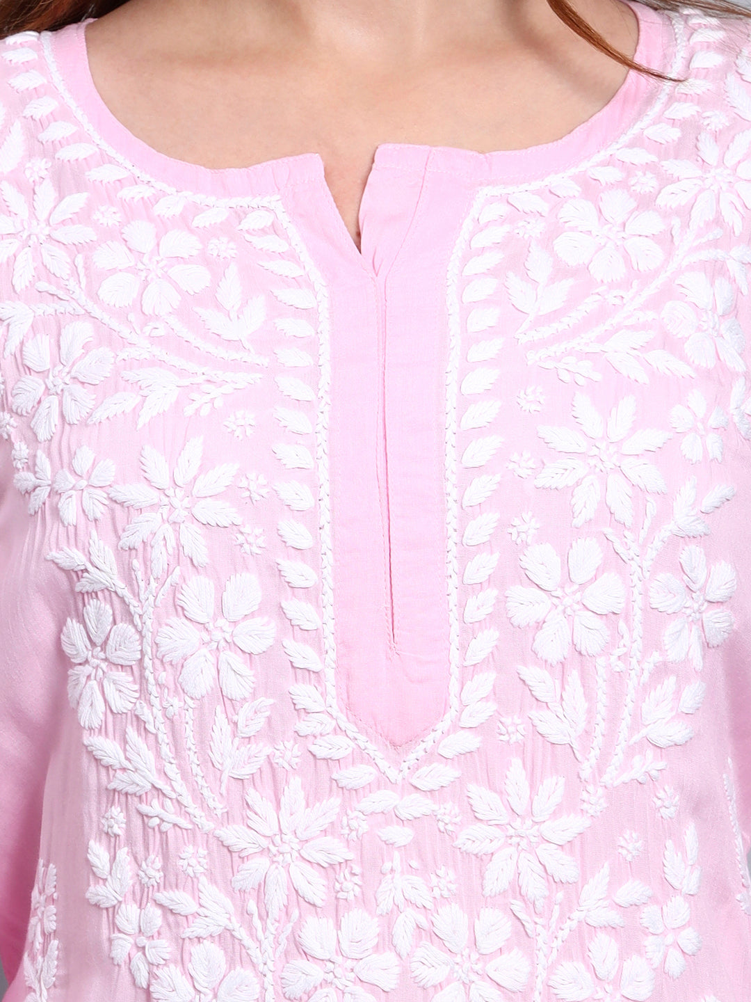 Women Hand Embroidered Chikankari Modal Kurti -AL3702 Pink