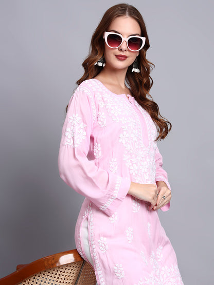 Women Hand Embroidered Chikankari Modal Kurti -AL3702 Pink