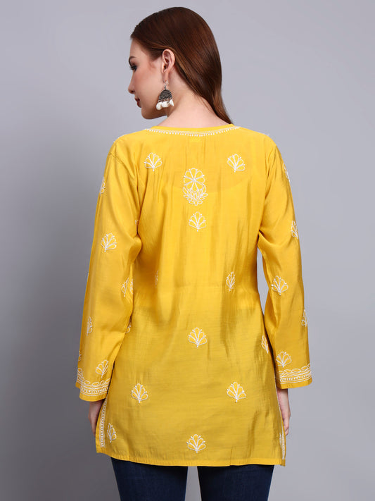 Women Hand Embroidered Chikankari Chanderi Short Kurti-AL4090 Yellow