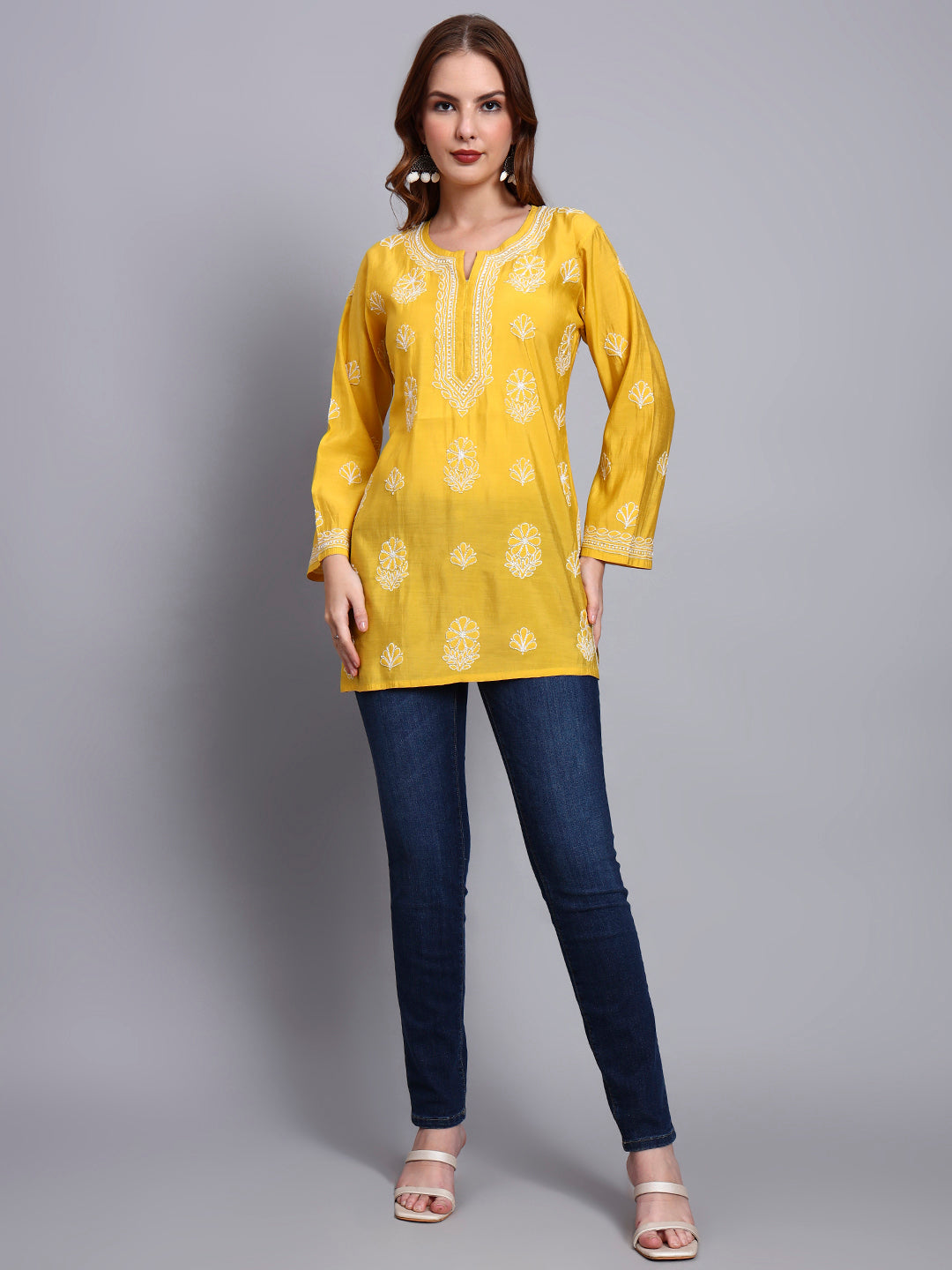 Women Hand Embroidered Chikankari Chanderi Short Kurti-AL4090 Yellow