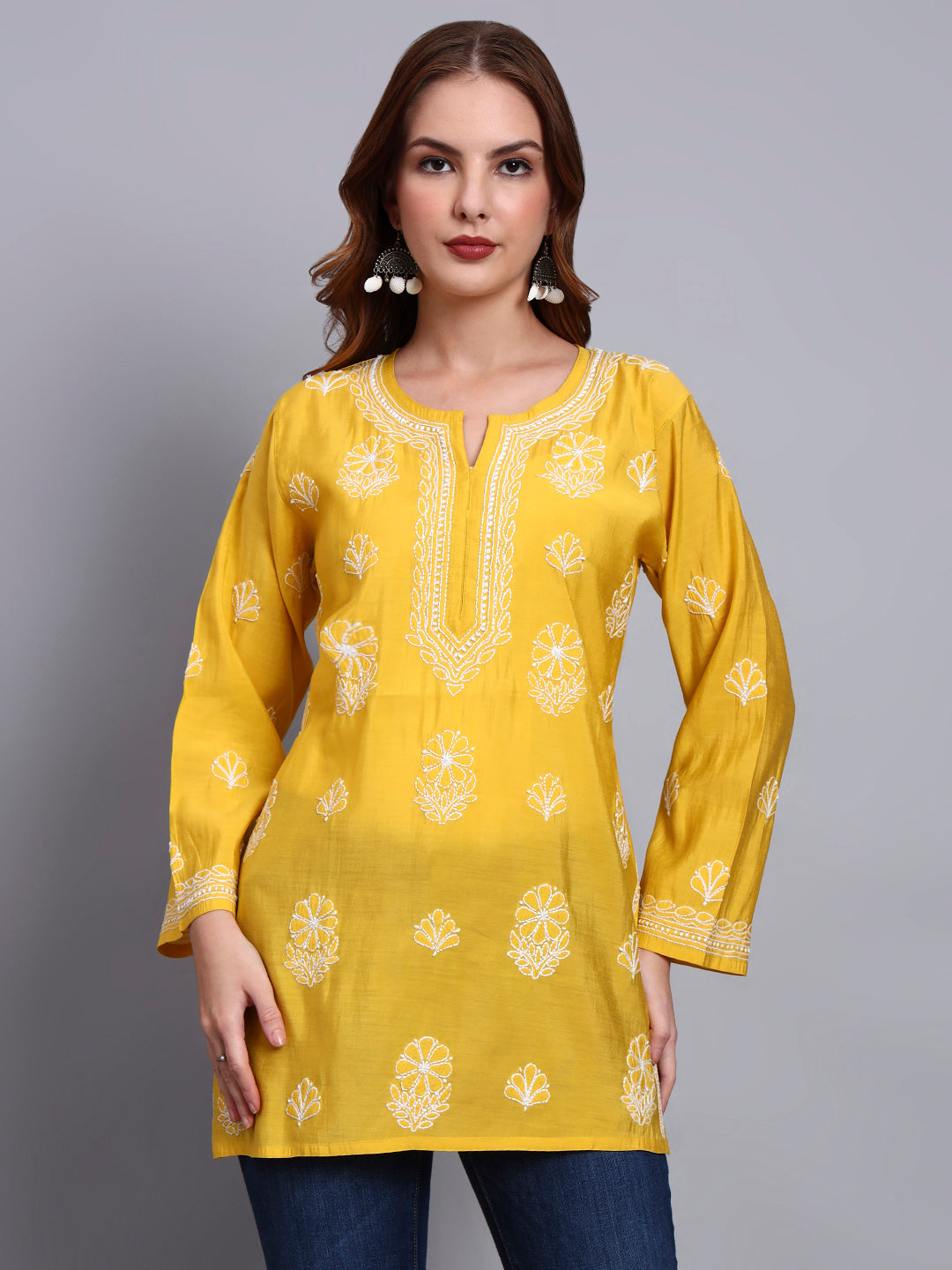 Women Hand Embroidered Chikankari Chanderi Short Kurti-AL4090 Yellow