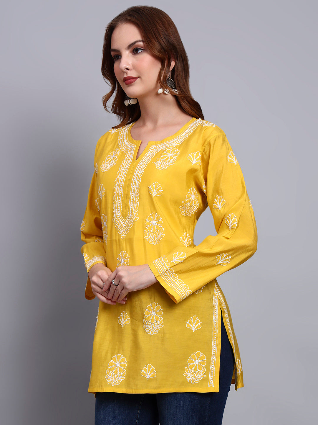 Women Hand Embroidered Chikankari Chanderi Short Kurti-AL4090 Yellow