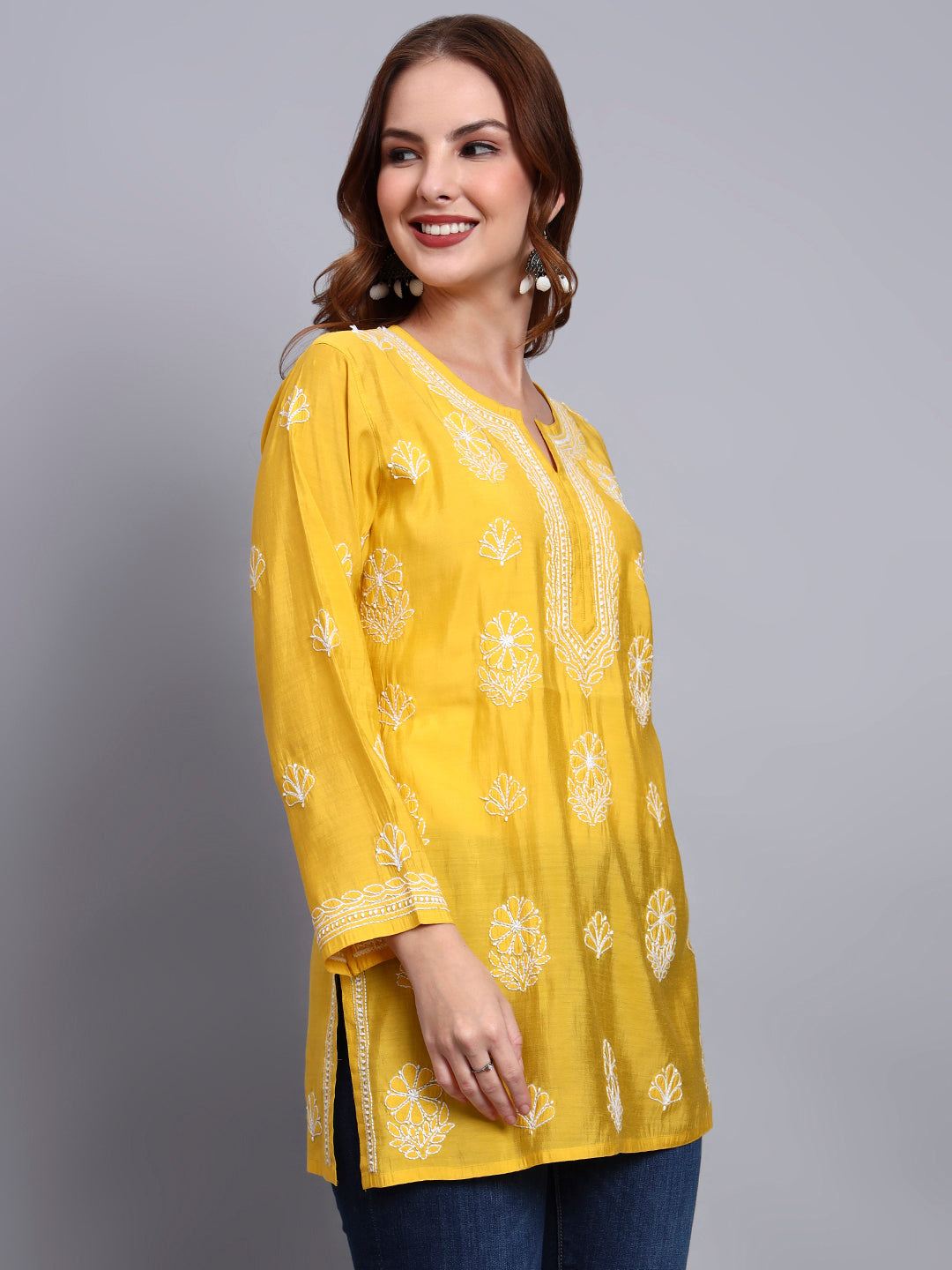 Women Hand Embroidered Chikankari Chanderi Short Kurti-AL4090 Yellow