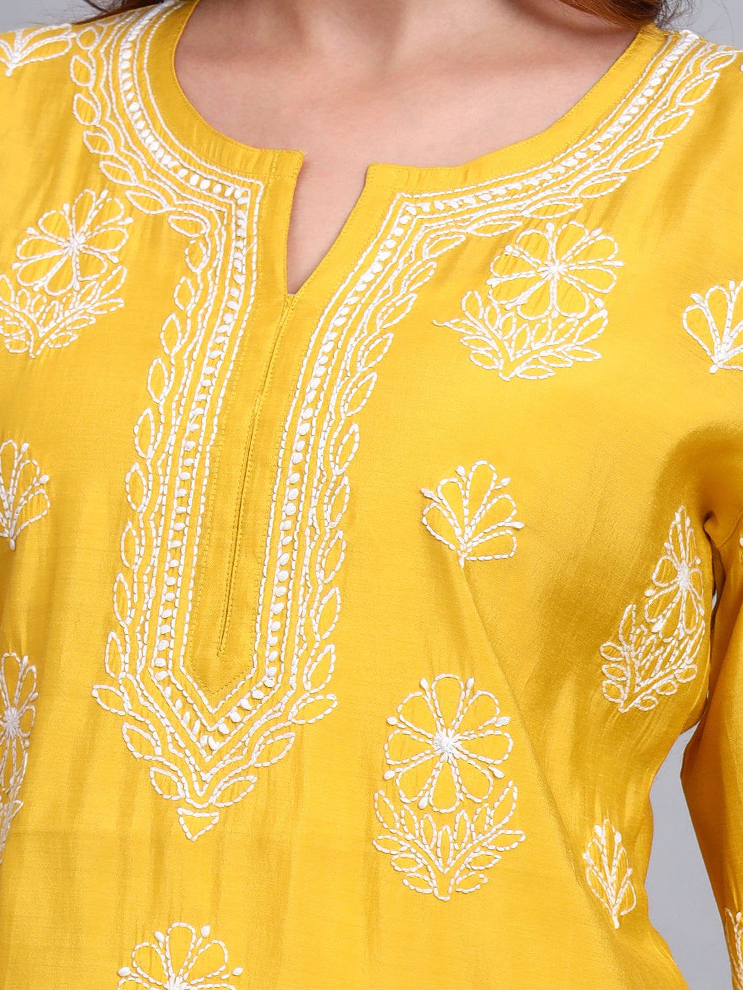 Women Hand Embroidered Chikankari Chanderi Short Kurti-AL4090 Yellow