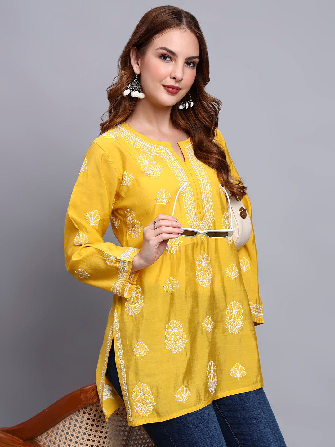 Women Hand Embroidered Chikankari Chanderi Short Kurti-AL4090 Yellow